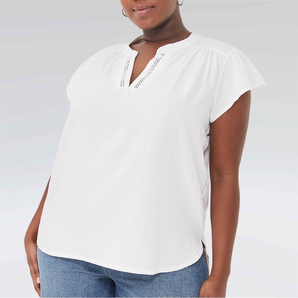 Lane Bryant Relaxed Notch-Neck Flutter Sleeve Woven & Knit Top White